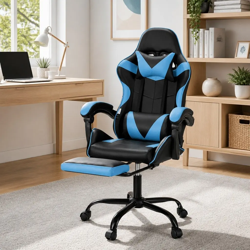 Massage Gaming Office Chair for Gaming and Office Use Cyan Blue Ergonomic Reclining Seat with Footrest