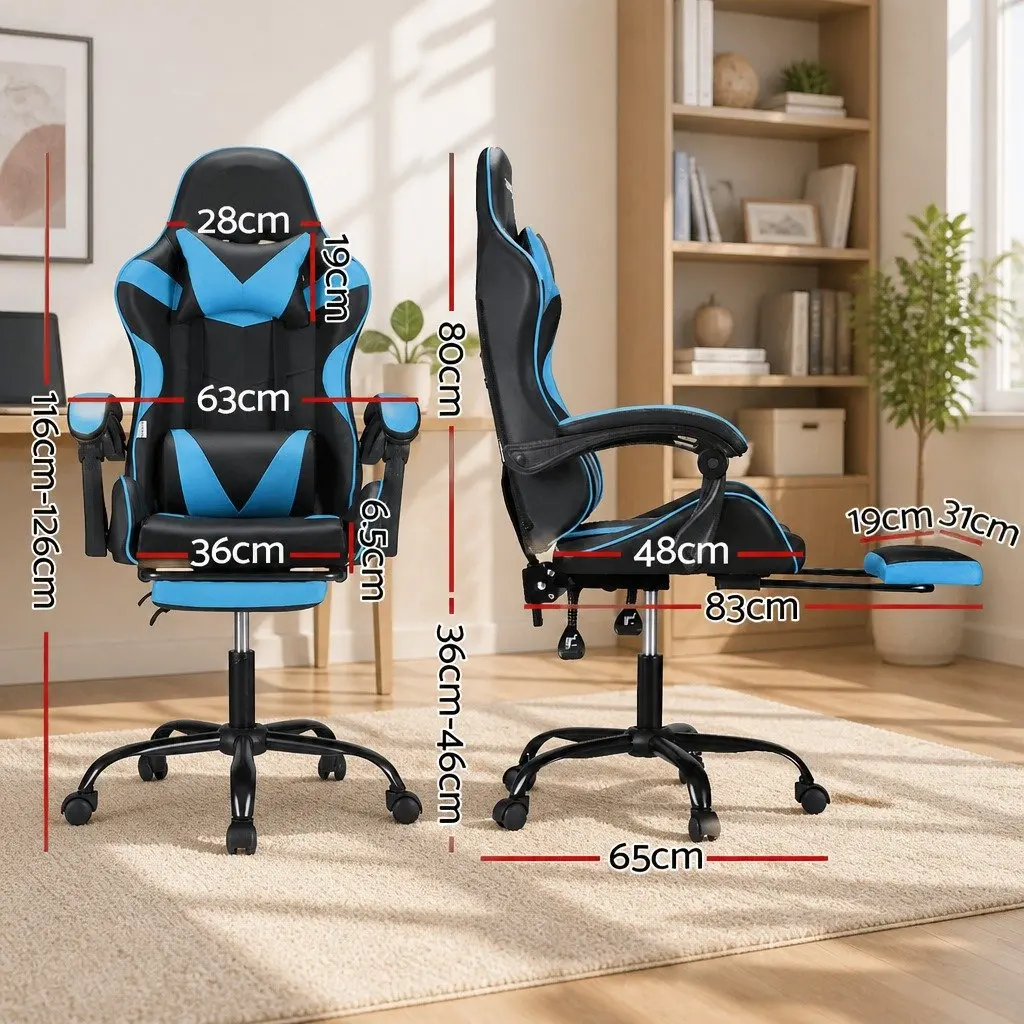 Massage Gaming Office Chair for Gaming and Office Use Cyan Blue Ergonomic Reclining Seat with Footrest