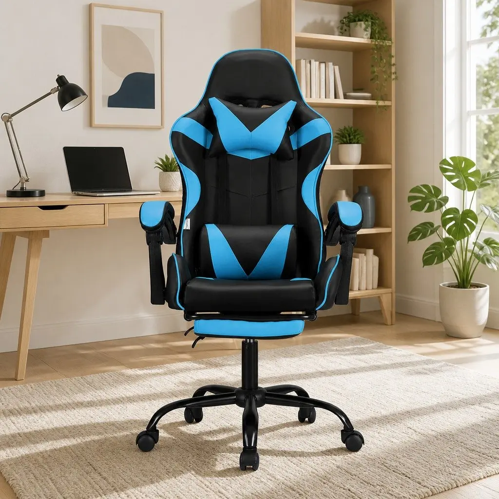Massage Gaming Office Chair for Gaming and Office Use Cyan Blue Ergonomic Reclining Seat with Footrest