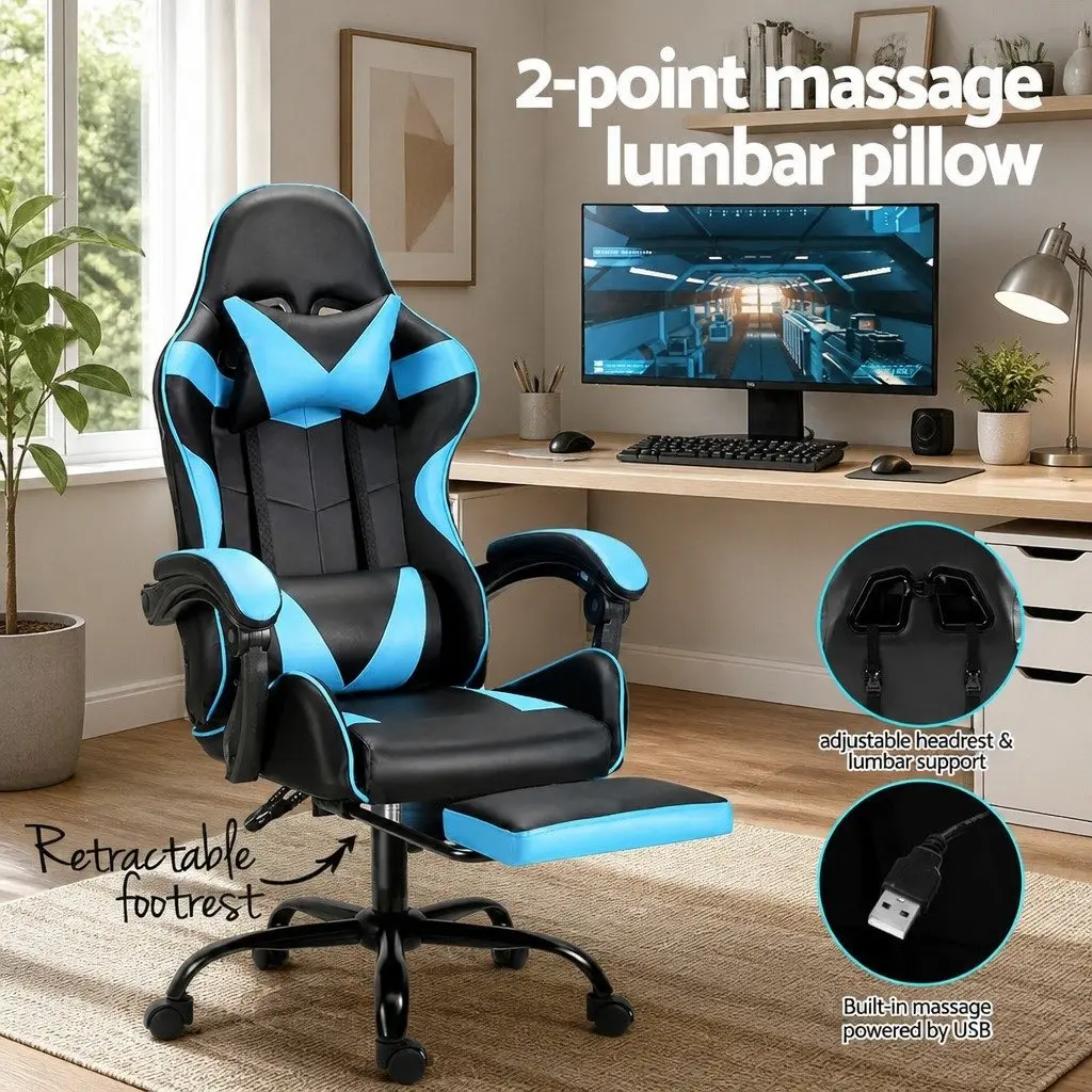 Massage Gaming Office Chair for Gaming and Office Use Cyan Blue Ergonomic Reclining Seat with Footrest