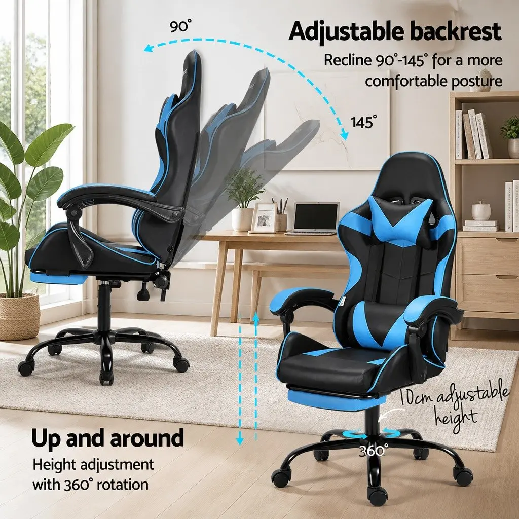 Massage Gaming Office Chair for Gaming and Office Use Cyan Blue Ergonomic Reclining Seat with Footrest