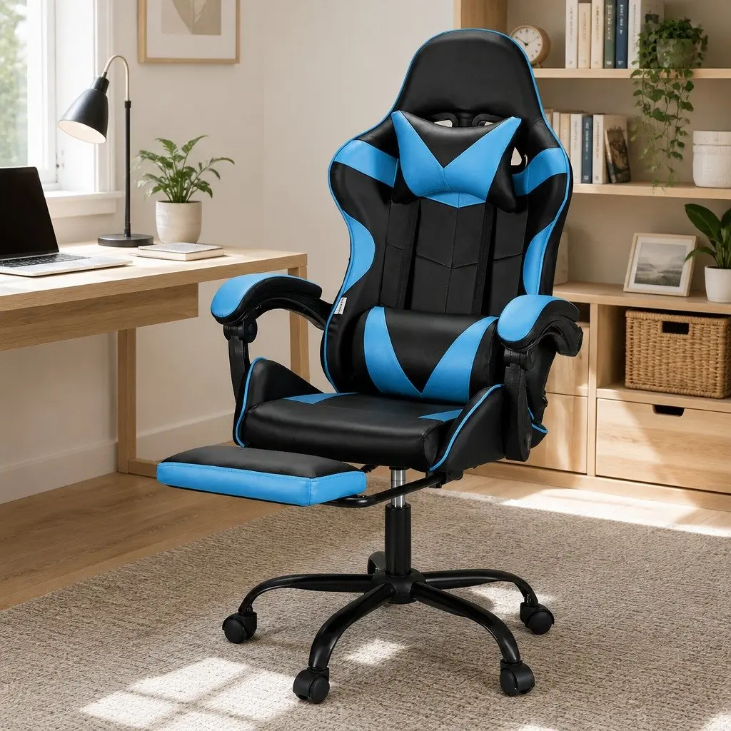 Massage Gaming Office Chair for Gaming and Office Use Cyan Blue Ergonomic Reclining Seat with Footrest