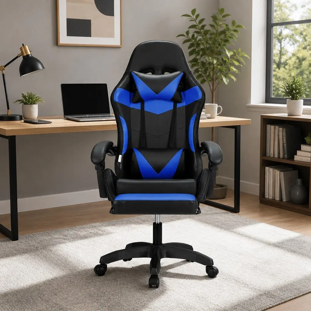 Massage Gaming Office Chair 6 Point Vibration 7 LED Footrest Reclining Blue