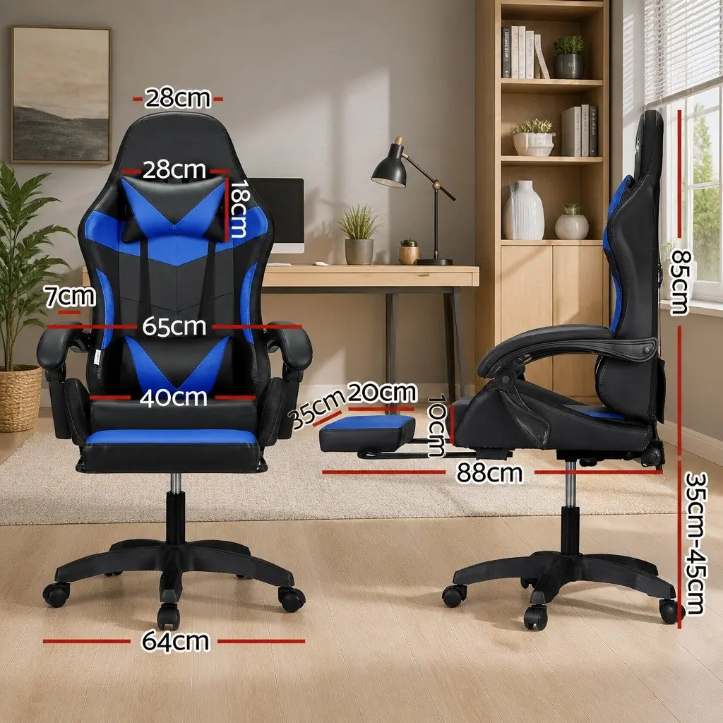 Massage Gaming Office Chair 6 Point Vibration 7 LED Footrest Reclining Blue