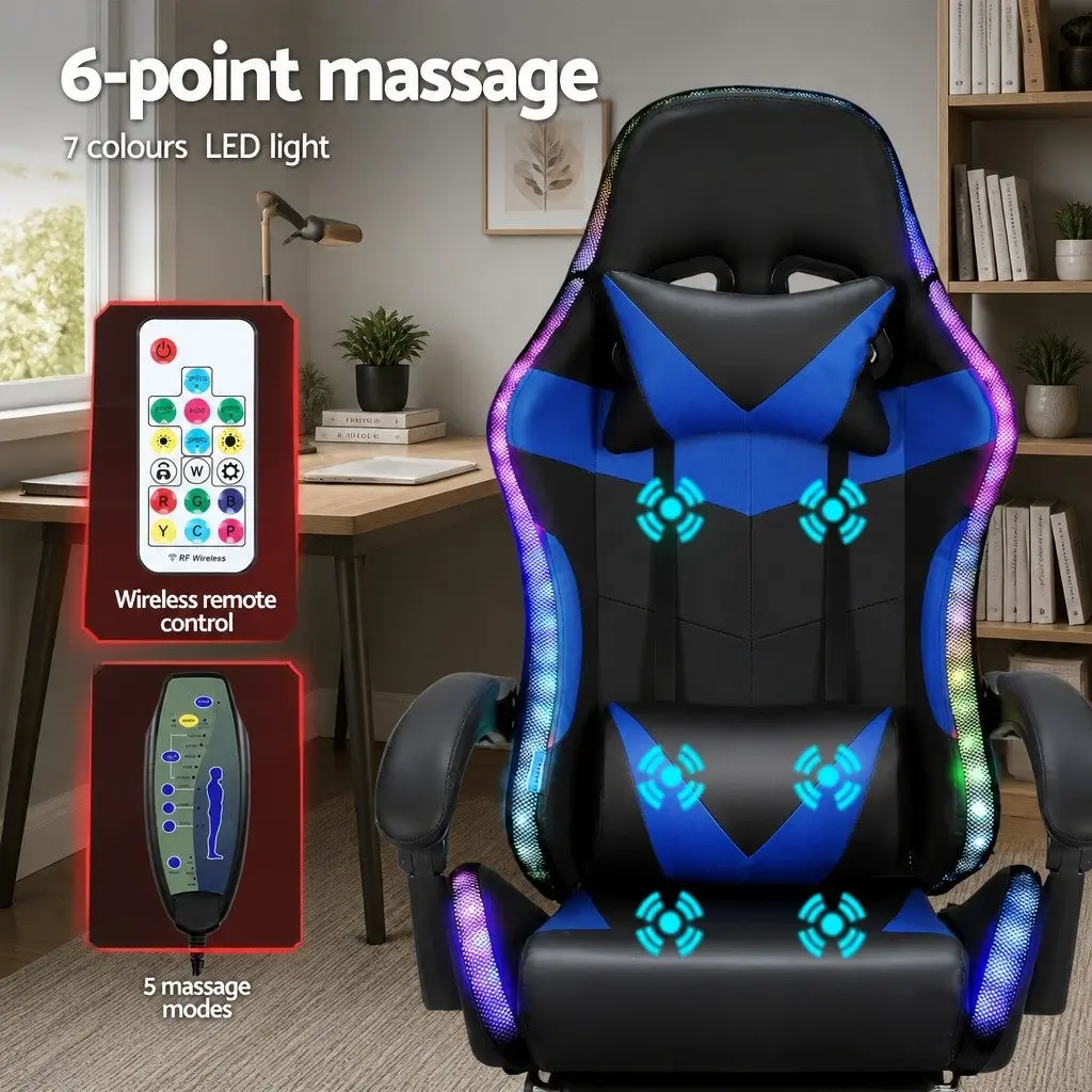 Massage Gaming Office Chair 6 Point Vibration 7 LED Footrest Reclining Blue