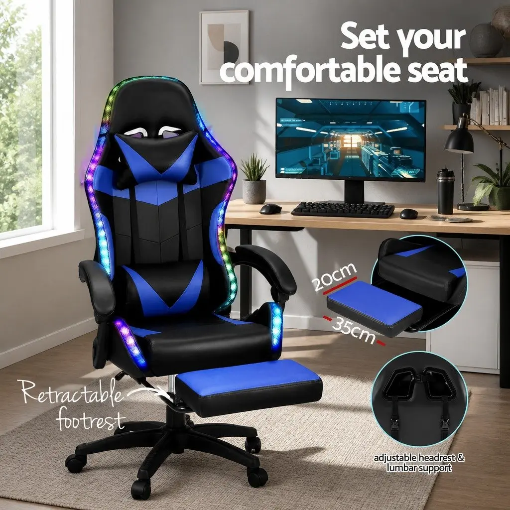 Massage Gaming Office Chair 6 Point Vibration 7 LED Footrest Reclining Blue