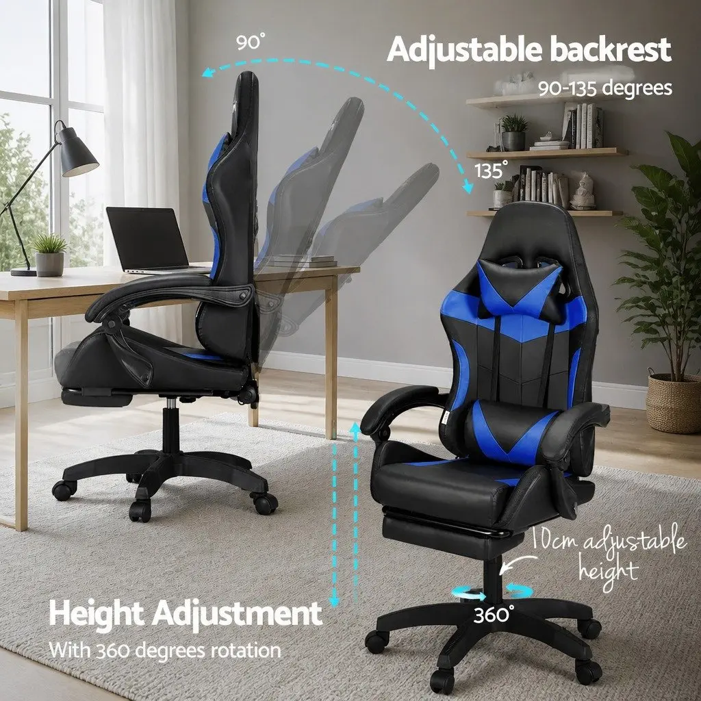 Massage Gaming Office Chair 6 Point Vibration 7 LED Footrest Reclining Blue