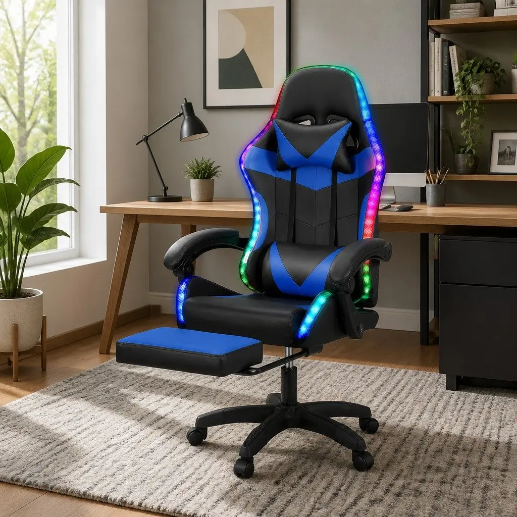 Massage Gaming Office Chair 6 Point Vibration 7 LED Footrest Reclining Blue