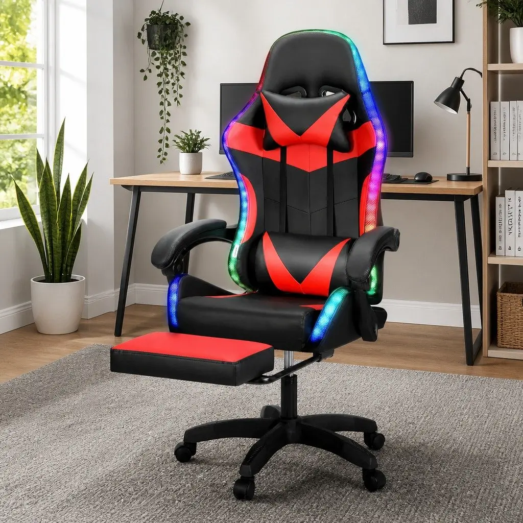 Massage Gaming Office Chair for Work and Relaxation with 6 Point Vibration and 7 LED Footrest Red Black
