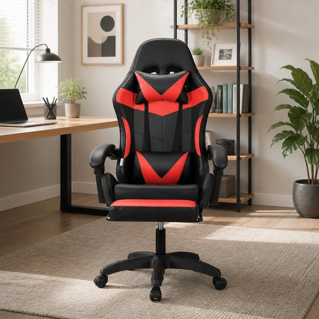 Massage Gaming Office Chair for Work and Relaxation with 6 Point Vibration and 7 LED Footrest Red Black