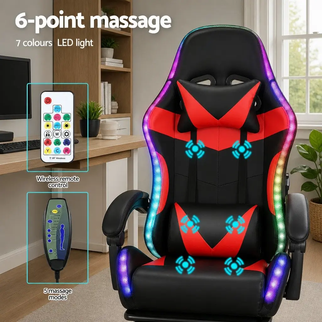 Massage Gaming Office Chair for Work and Relaxation with 6 Point Vibration and 7 LED Footrest Red Black