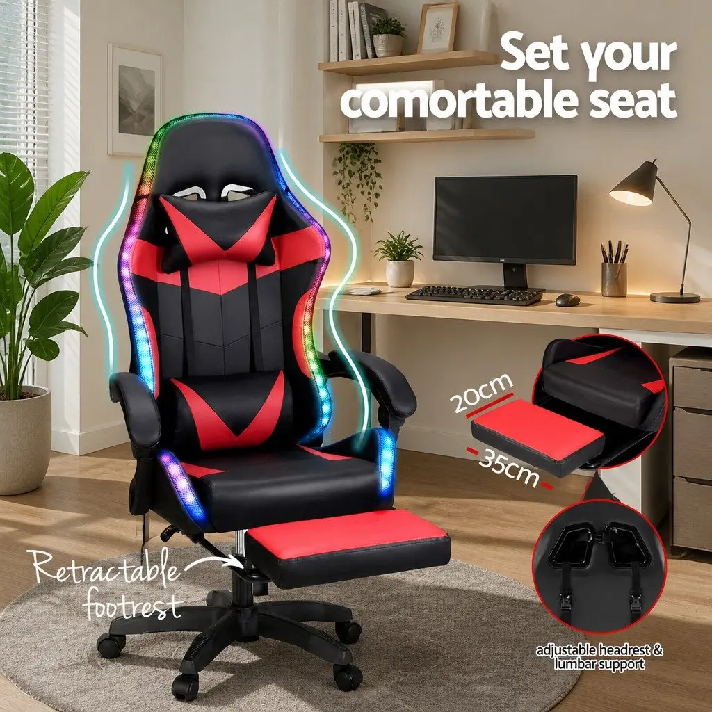 Massage Gaming Office Chair for Work and Relaxation with 6 Point Vibration and 7 LED Footrest Red Black
