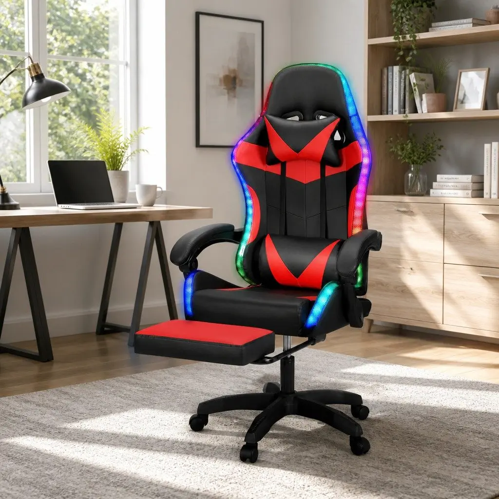 Massage Gaming Office Chair for Work and Relaxation with 6 Point Vibration and 7 LED Footrest Red Black