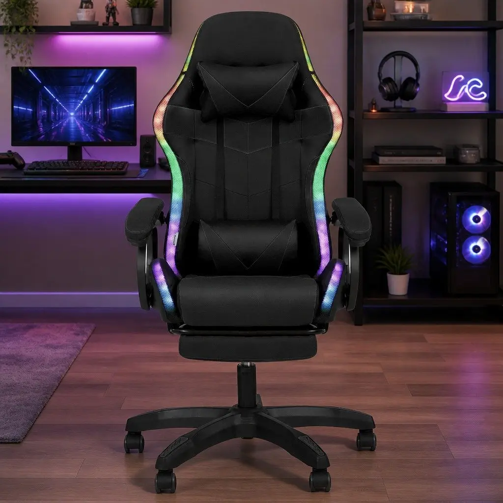 Gaming Office Chair for Computer Work with RGB LED Massage Footrest Black