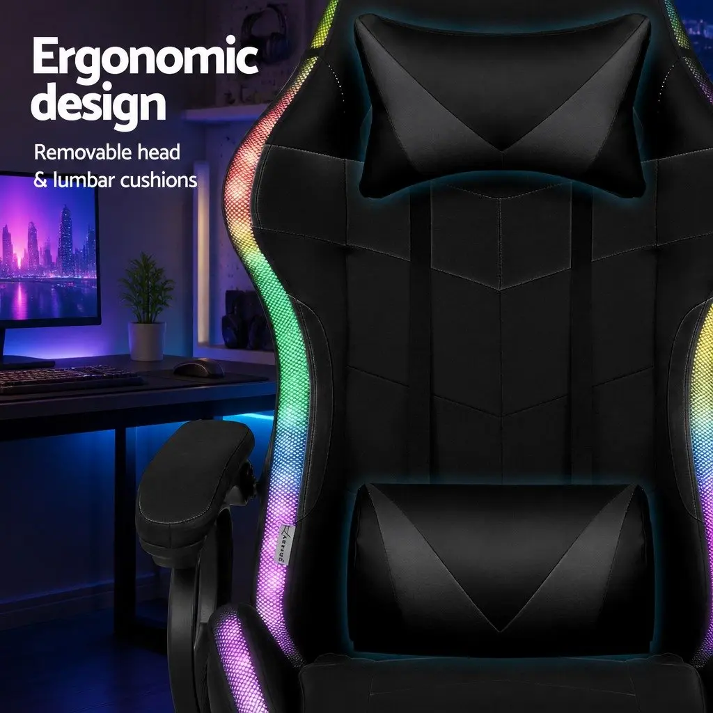 Gaming Office Chair for Computer Work with RGB LED Massage Footrest Black