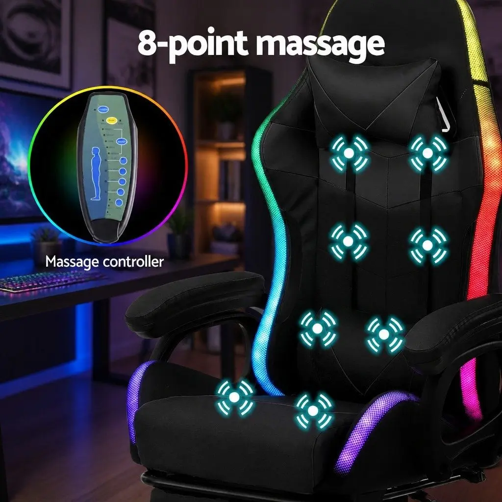 Gaming Office Chair for Computer Work with RGB LED Massage Footrest Black