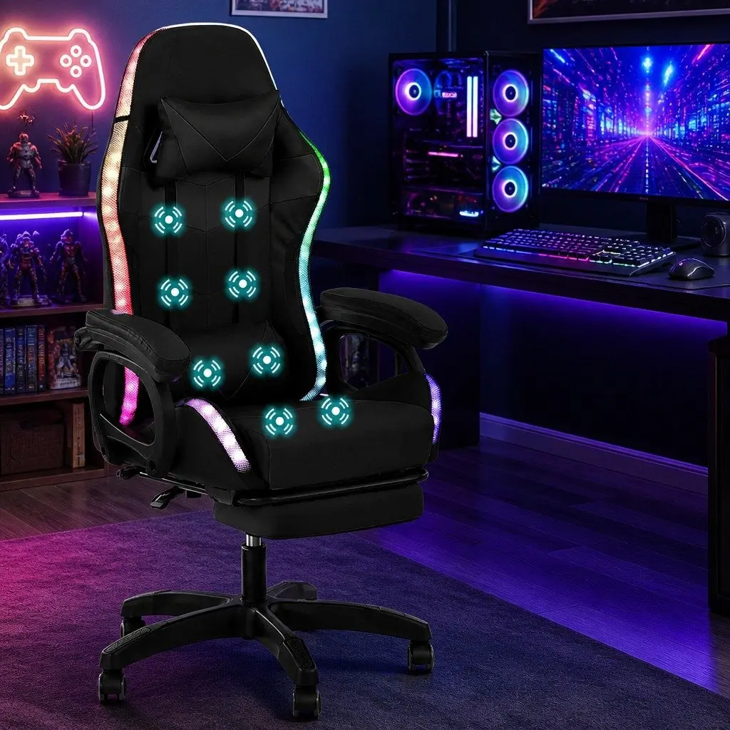Gaming Office Chair for Computer Work with RGB LED Massage Footrest Black