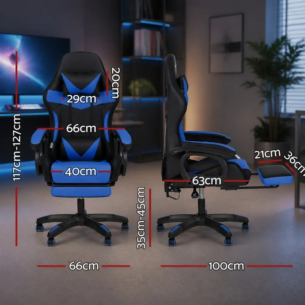 Gaming Office Chair 12 RGB LED Massage Computer Work Seat Footrest Blue Black
