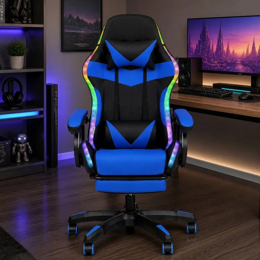 Gaming Office Chair 12 RGB LED Massage Computer Work Seat Footrest Blue Black