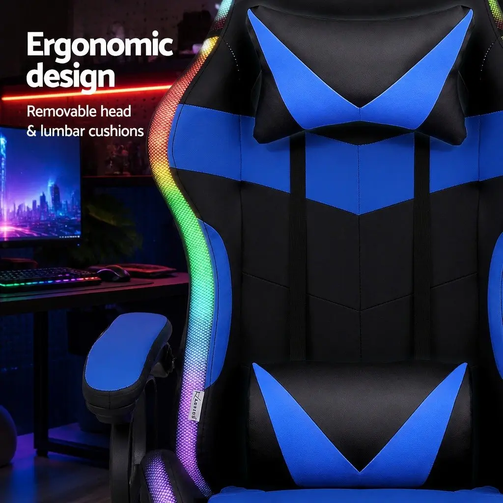 Gaming Office Chair 12 RGB LED Massage Computer Work Seat Footrest Blue Black