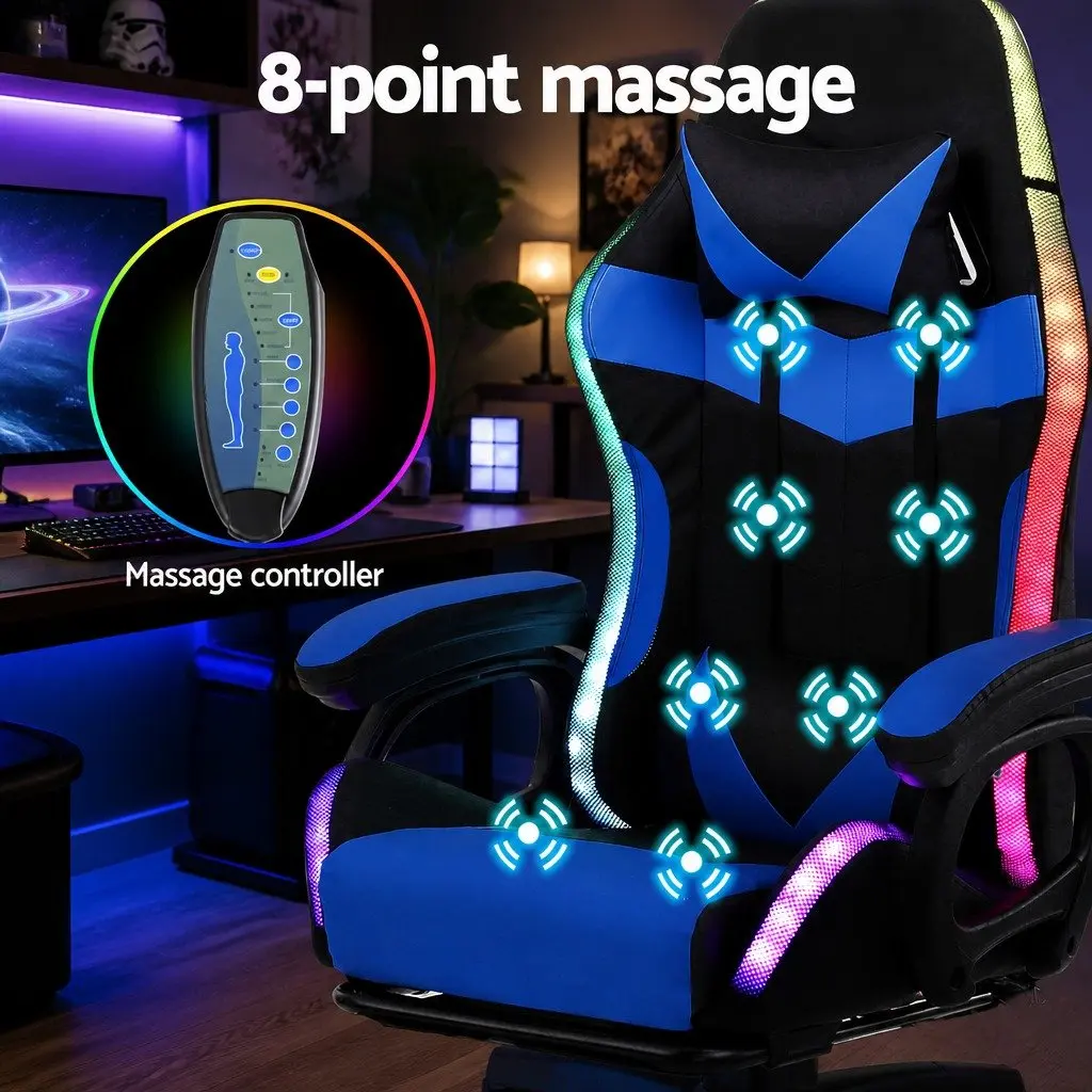 Gaming Office Chair 12 RGB LED Massage Computer Work Seat Footrest Blue Black