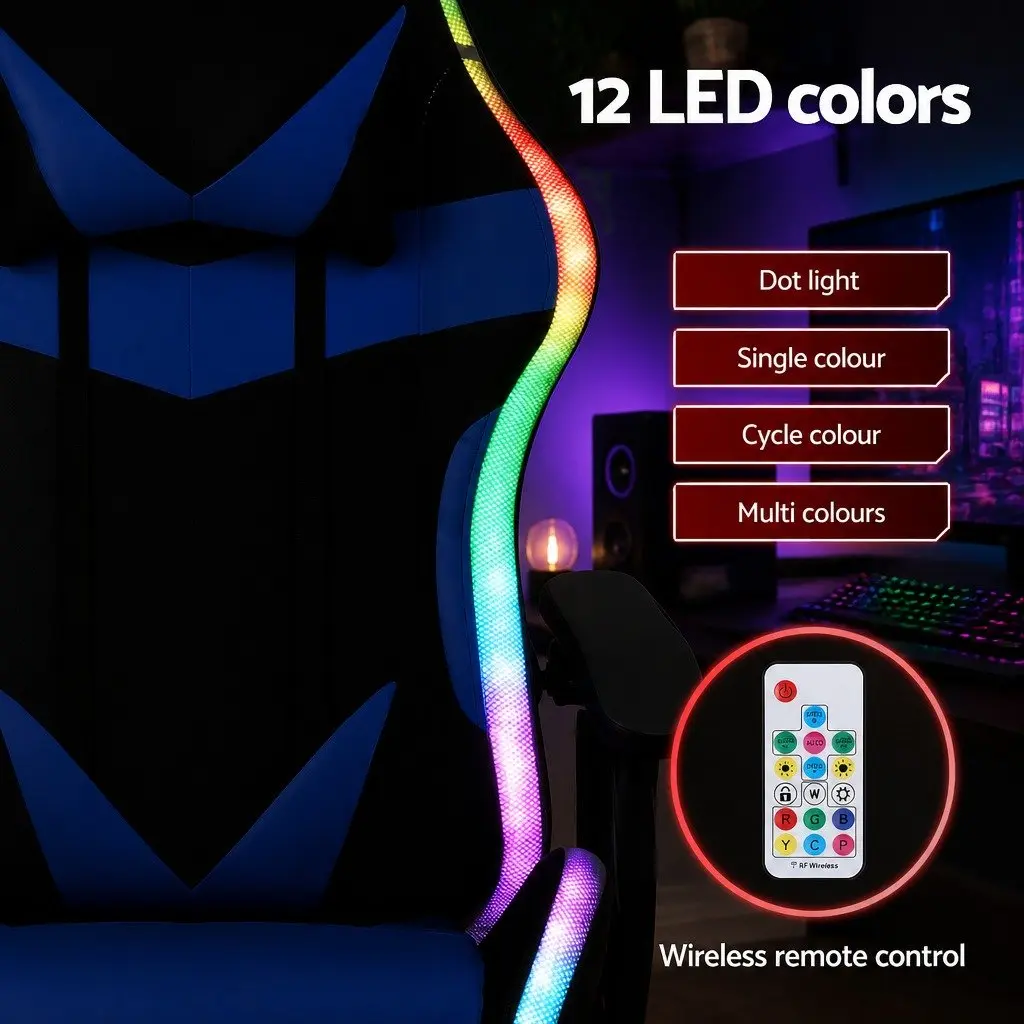 Gaming Office Chair 12 RGB LED Massage Computer Work Seat Footrest Blue Black