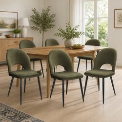 Dining Chairs Set of 6 - Green Velvet, Plywood, Metal Legs