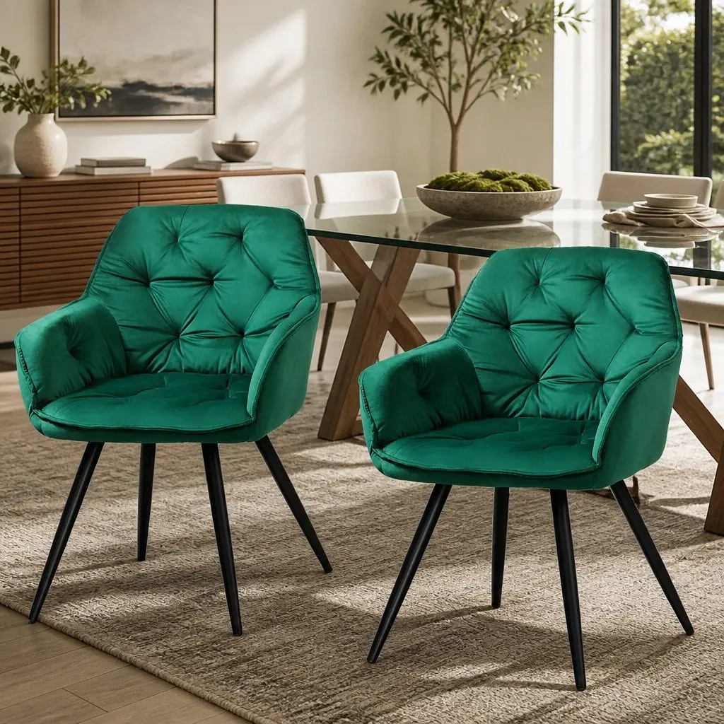 Dining Chairs Set of 2 Velvet Tufted Armchair Green Bucket Seat