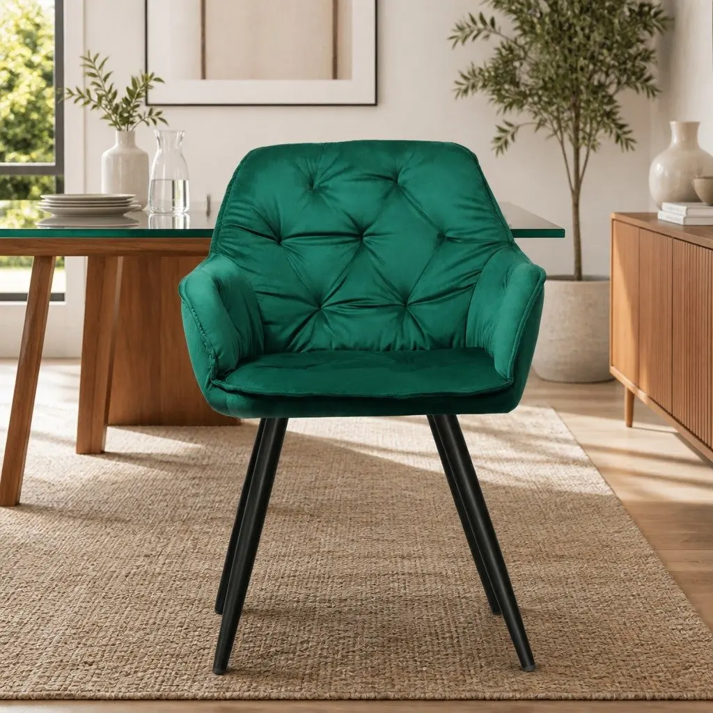 Dining Chairs Set of 2 Velvet Tufted Armchair Green Bucket Seat
