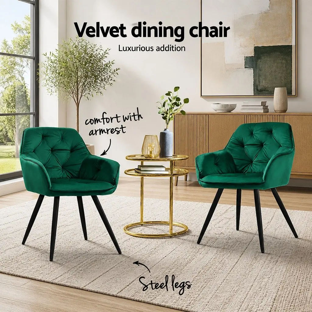 Dining Chairs Set of 2 Velvet Tufted Armchair Green Bucket Seat