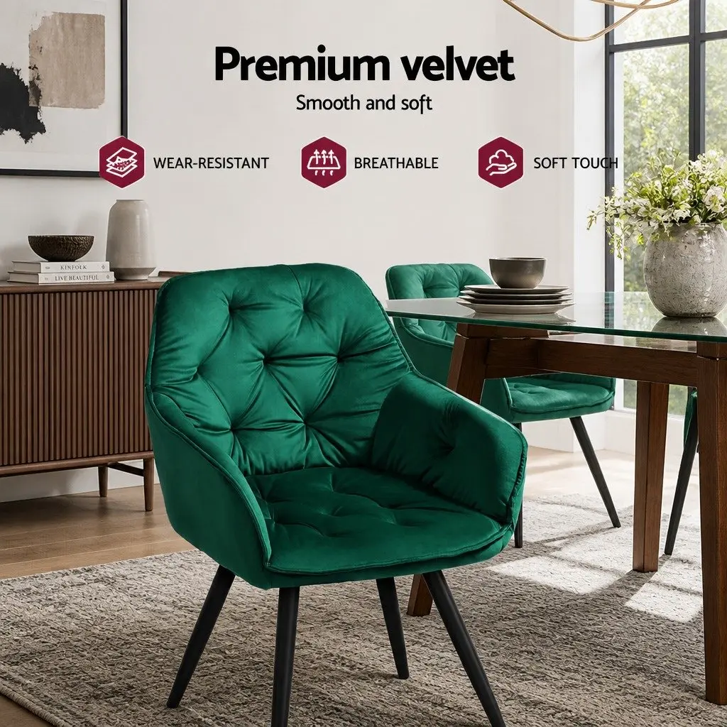 Dining Chairs Set of 2 Velvet Tufted Armchair Green Bucket Seat