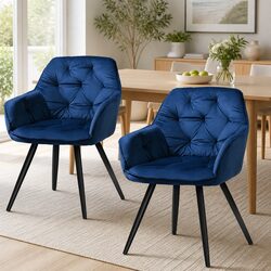 Navy Blue Velvet Dining Chair Set of 2 with Steel Legs