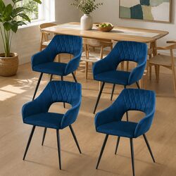Dining Chairs Set of 4 - Navy Blue Velvet with Steel Legs