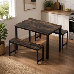 Dining Table and Chairs Set 3PCS Kitchen Metal Desk Bench Dark Walnut
