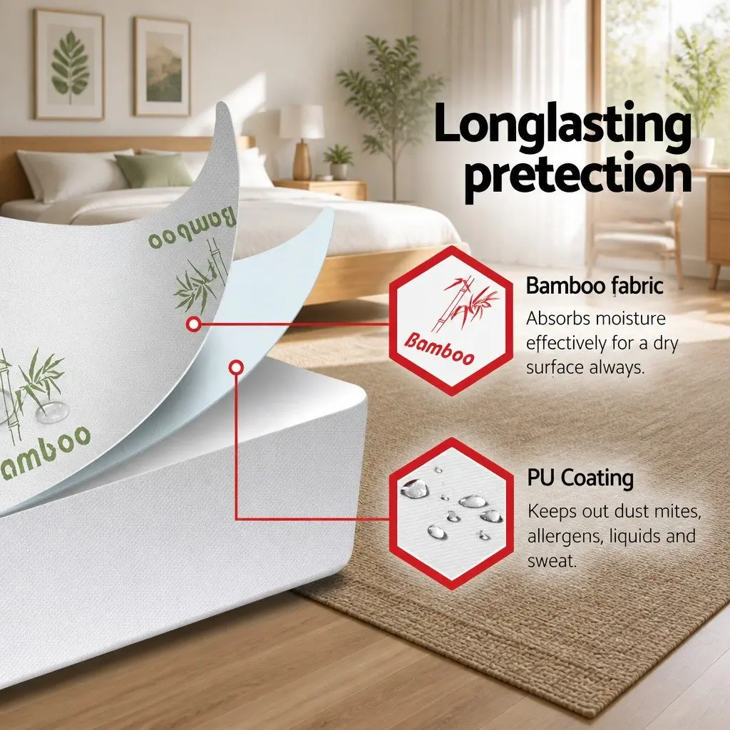 Bamboo Double Mattress Protector Waterproof Fitted Bed Cover White