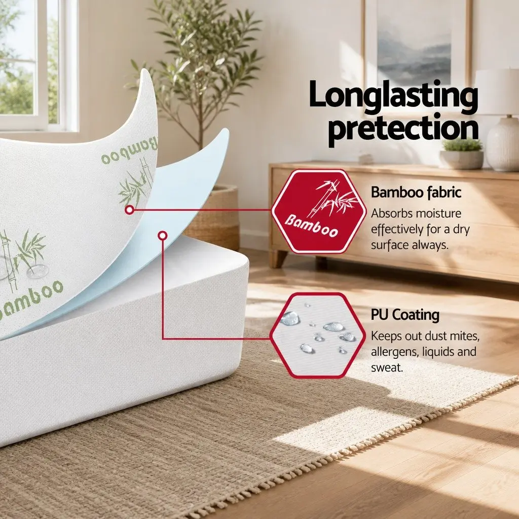 Queen Mattress Protector Bamboo Fabric Water-Resistant Fitted Bed Cover White