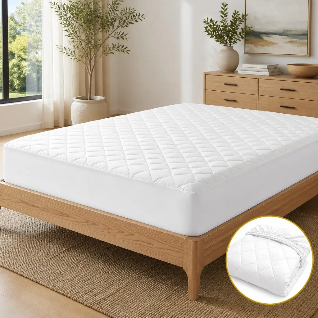 Waterproof Mattress Protector Double Quilted Fitted Cover White Cotton Top