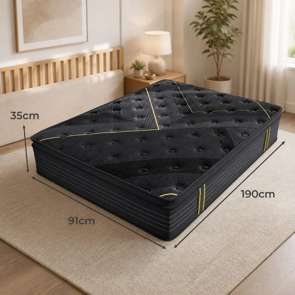 Spring Mattress Single Bamboo Charcoal Pocket Coil Euro Top Comfort Bed 190cm x 91cm 35cm Thickness