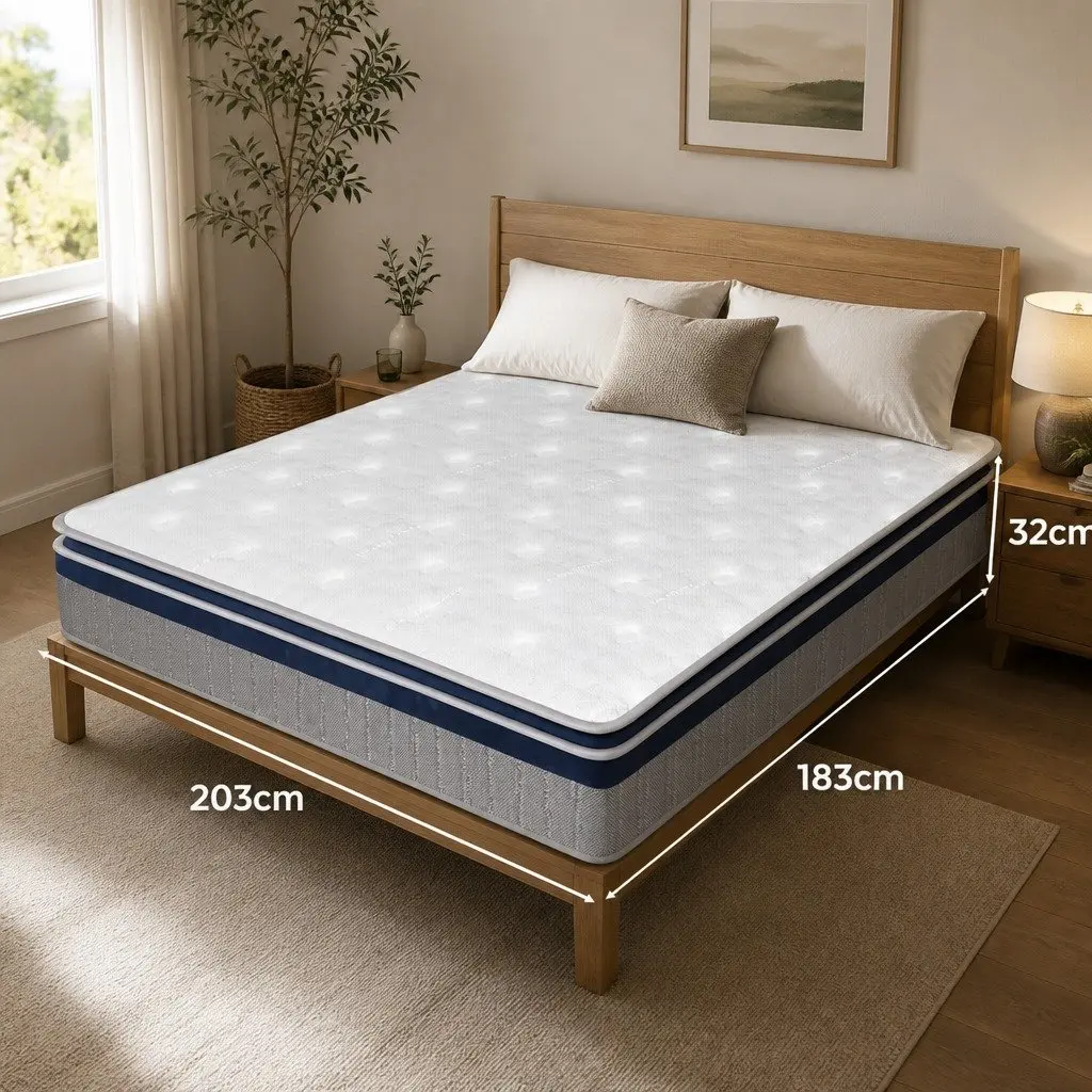 King Mattress for Bedroom 203cm x 183cm x 32cm Pillow Top High Density Foam Pocket Spring