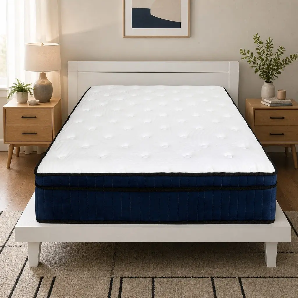 King Single Mattress 34cm Hybrid Foam 7 Zone Pocket Spring Orthopedic Support White Blue