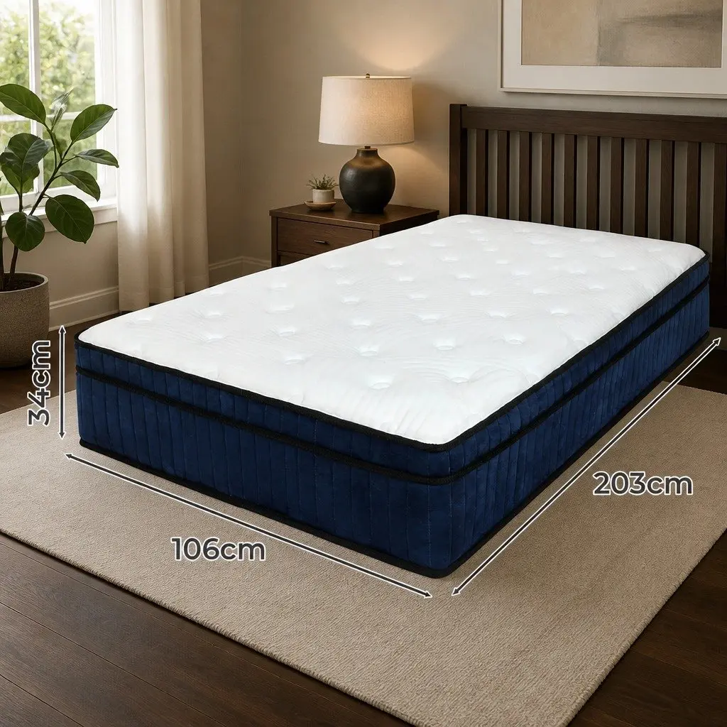 King Single Mattress 34cm Hybrid Foam 7 Zone Pocket Spring Orthopedic Support White Blue