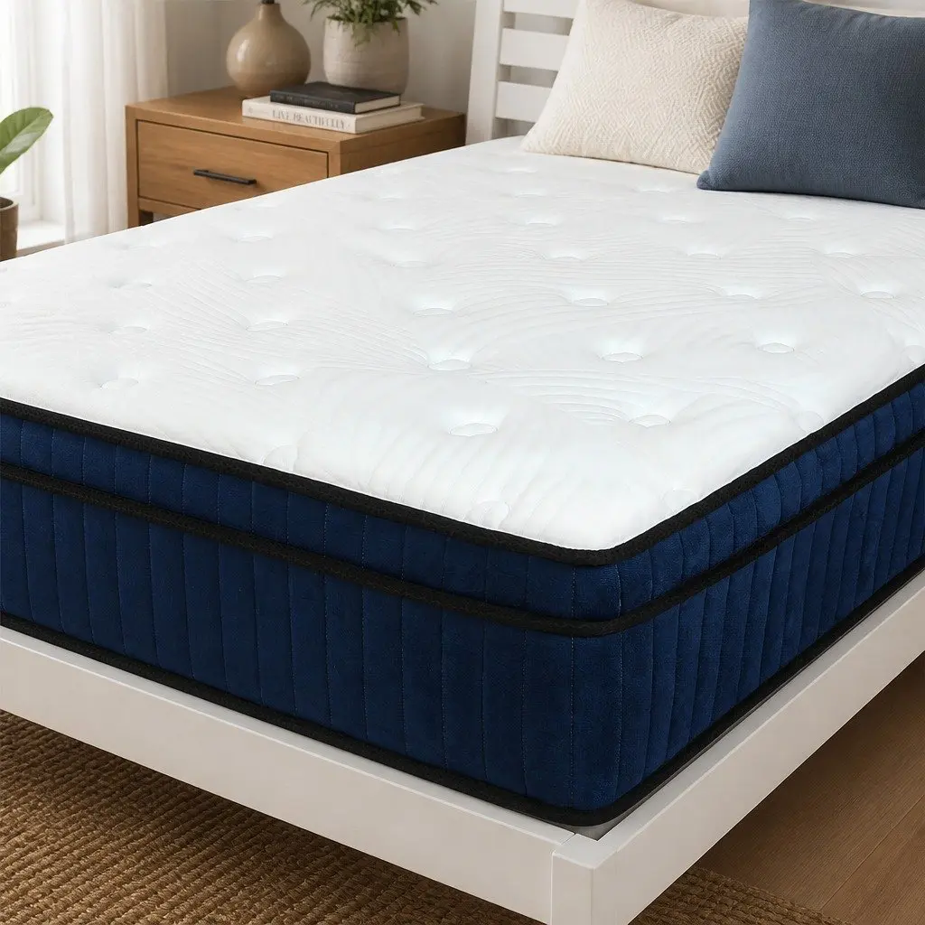King Single Mattress 34cm Hybrid Foam 7 Zone Pocket Spring Orthopedic Support White Blue