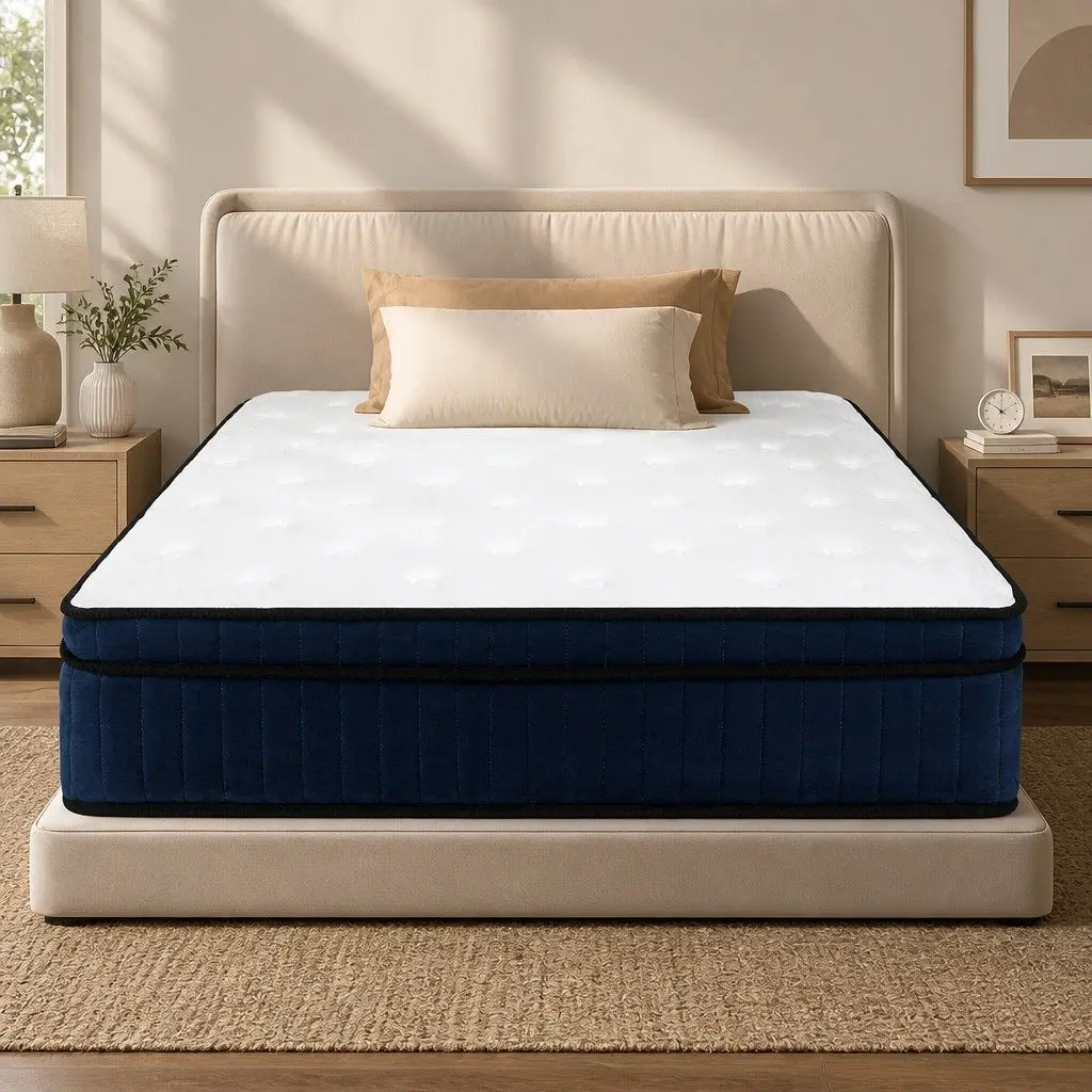 King Single Mattress 34cm Hybrid Foam 7 Zone Pocket Spring Orthopedic Support White Blue