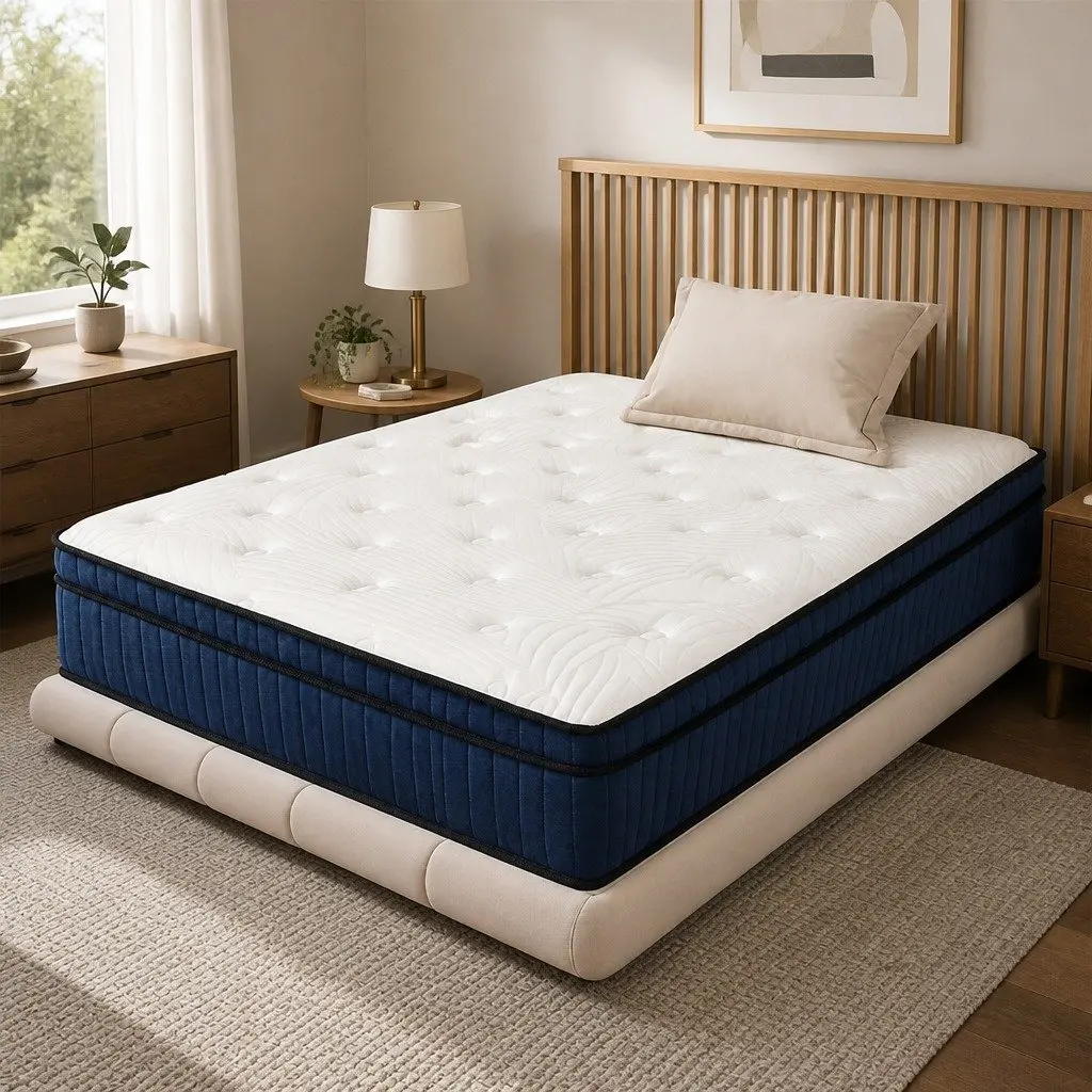 King Single Mattress 34cm Hybrid Foam 7 Zone Pocket Spring Orthopedic Support White Blue
