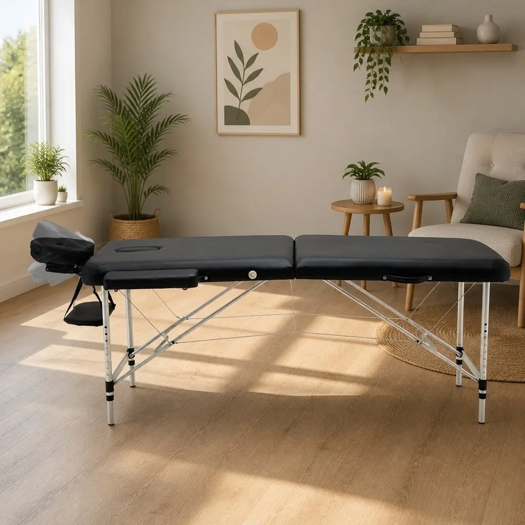 Massage Table 55cm Portable 2 Fold Aluminium Beauty Bed Therapy Black