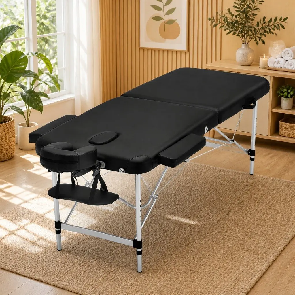Portable Massage Table 70cm 2 Fold Aluminium Beauty Bed Therapy Couch Black