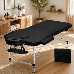 Portable Massage Table 75cm Wide 2 Fold Aluminium Beauty Therapy Bed Black