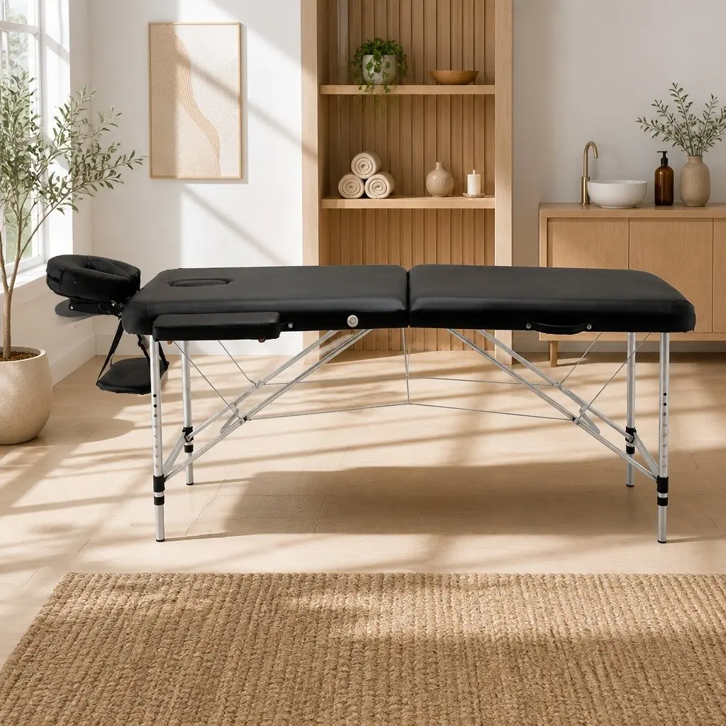 Portable Massage Table for Therapy Clinics and Home Use 75cm Wide 2 Fold Aluminium Black
