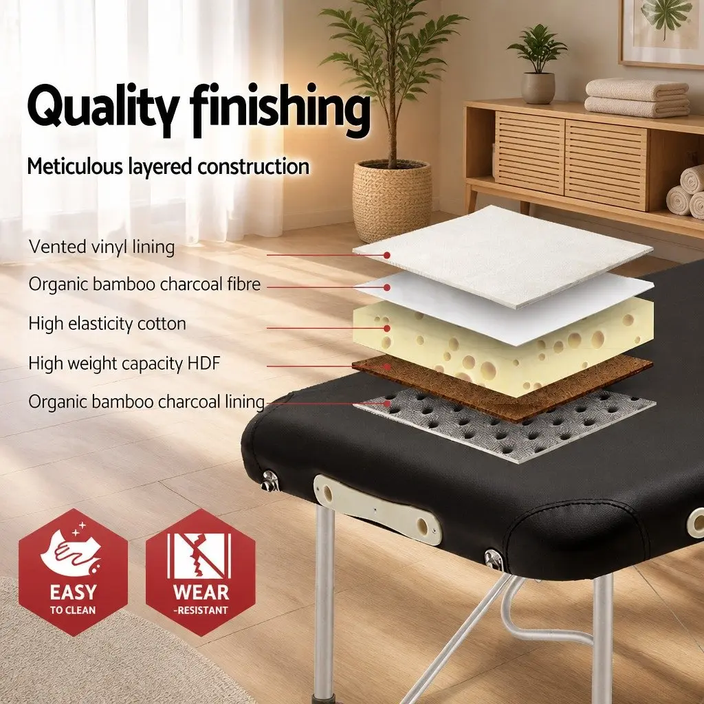 Portable Massage Table for Therapy Clinics and Home Use 75cm Wide 2 Fold Aluminium Black
