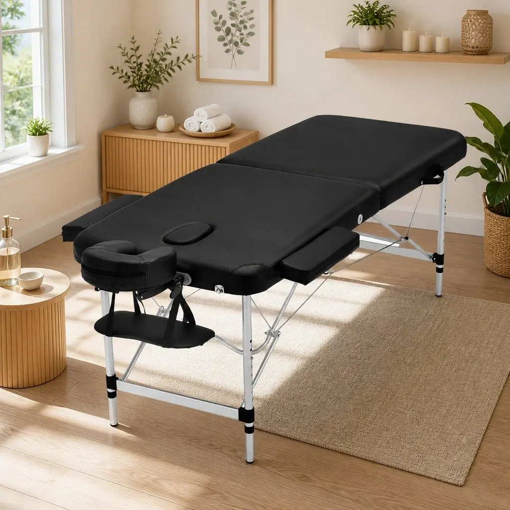 Portable Massage Table for Therapy Clinics and Home Use 75cm Wide 2 Fold Aluminium Black